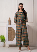 Juniper Green Floral Printed Viscose Jumpsuit With Belt - Distacart