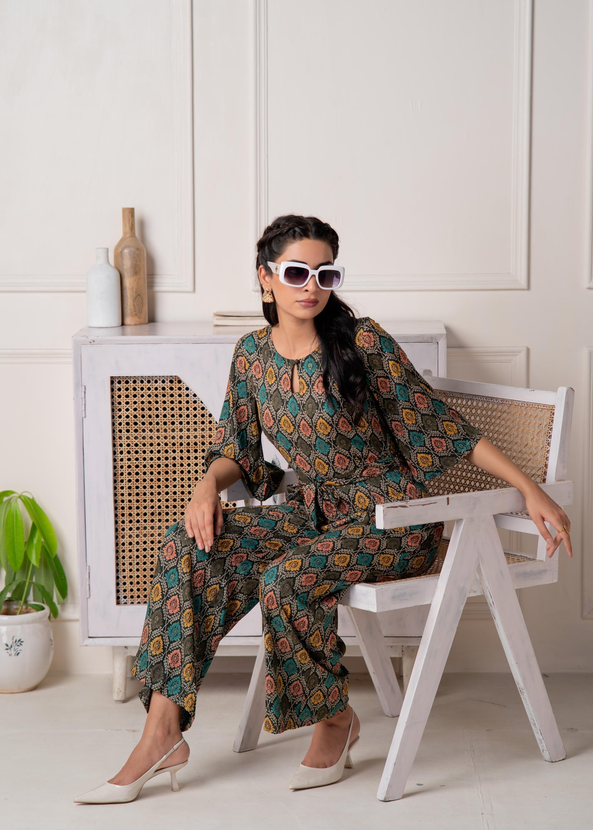 Juniper Green Floral Printed Viscose Jumpsuit With Belt - Distacart