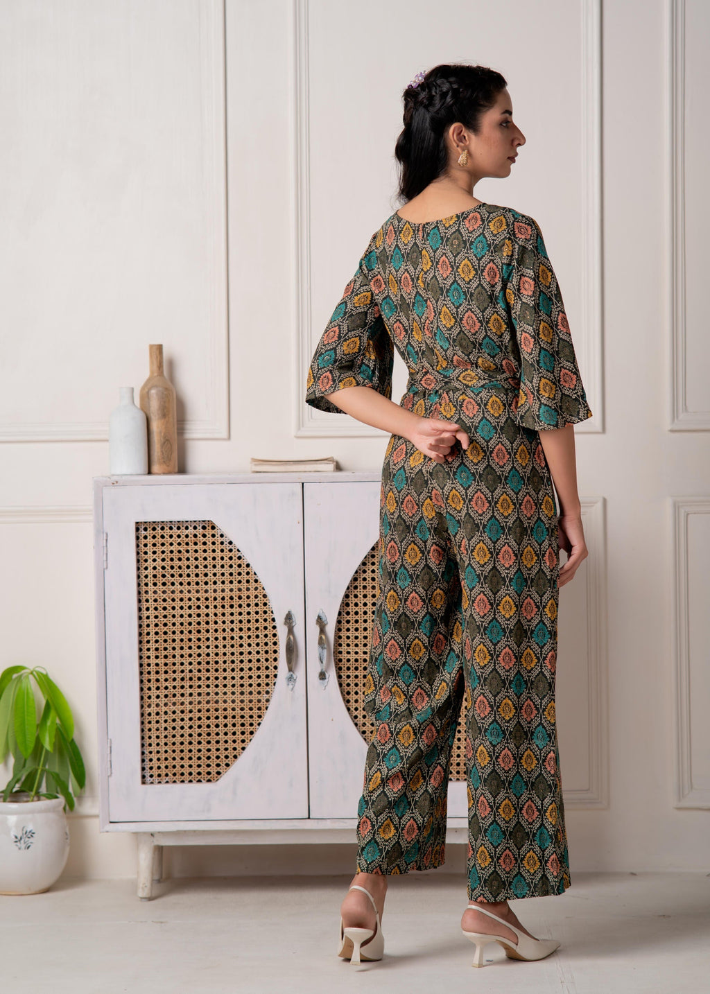 Juniper Green Floral Printed Viscose Jumpsuit With Belt - Distacart