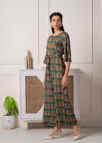 Juniper Green Floral Printed Viscose Jumpsuit With Belt - Distacart