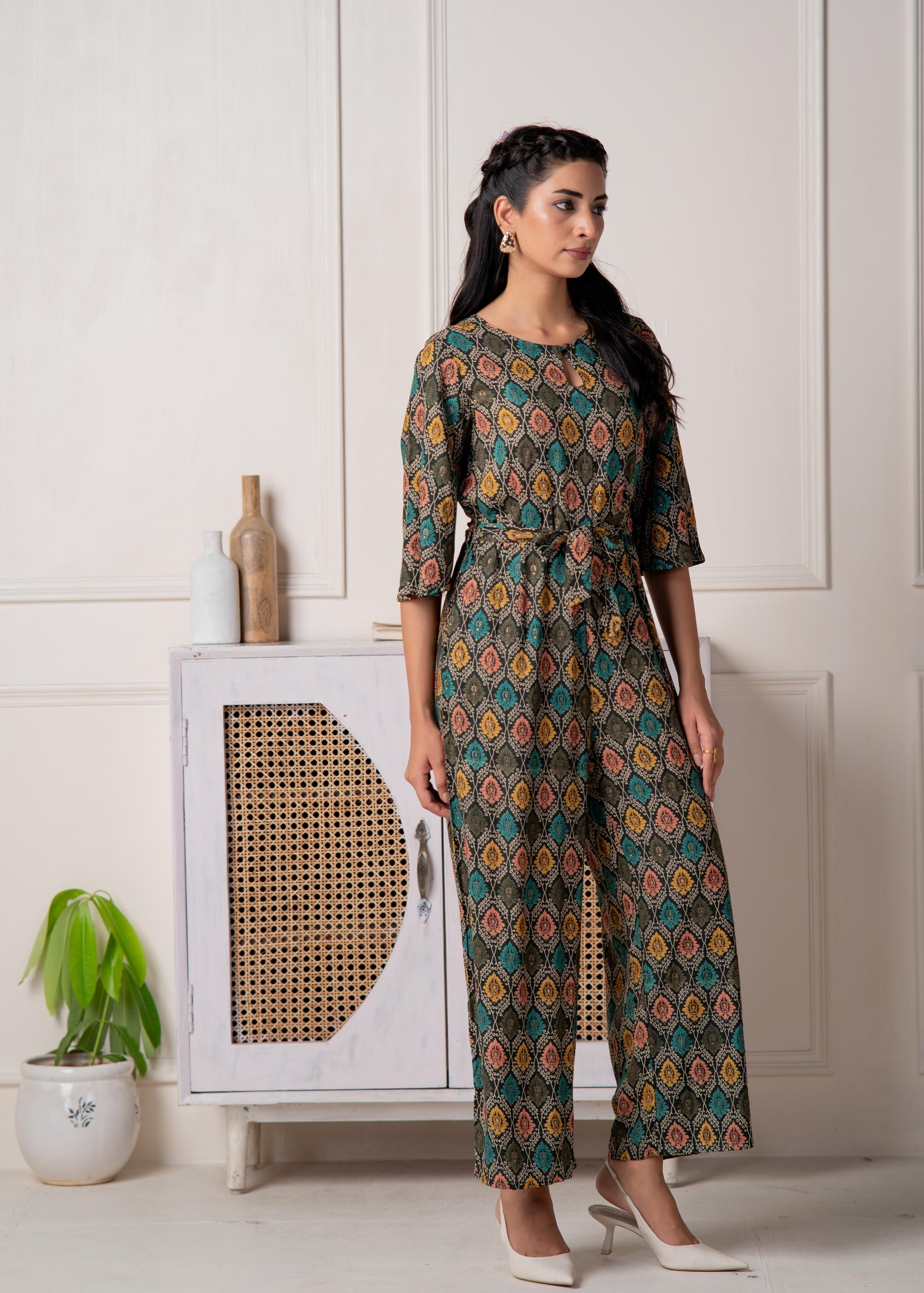 Juniper Green Floral Printed Viscose Jumpsuit With Belt - Distacart