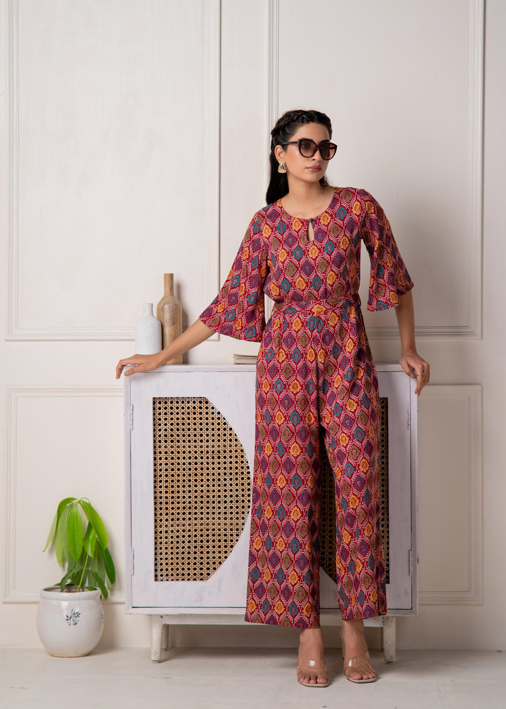 Juniper Red Floral Printed Viscose Jumpsuit With Belt - Distacart