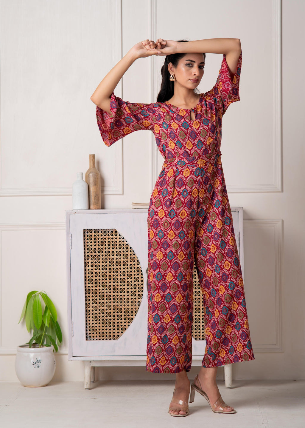 Juniper Red Floral Printed Viscose Jumpsuit With Belt - Distacart