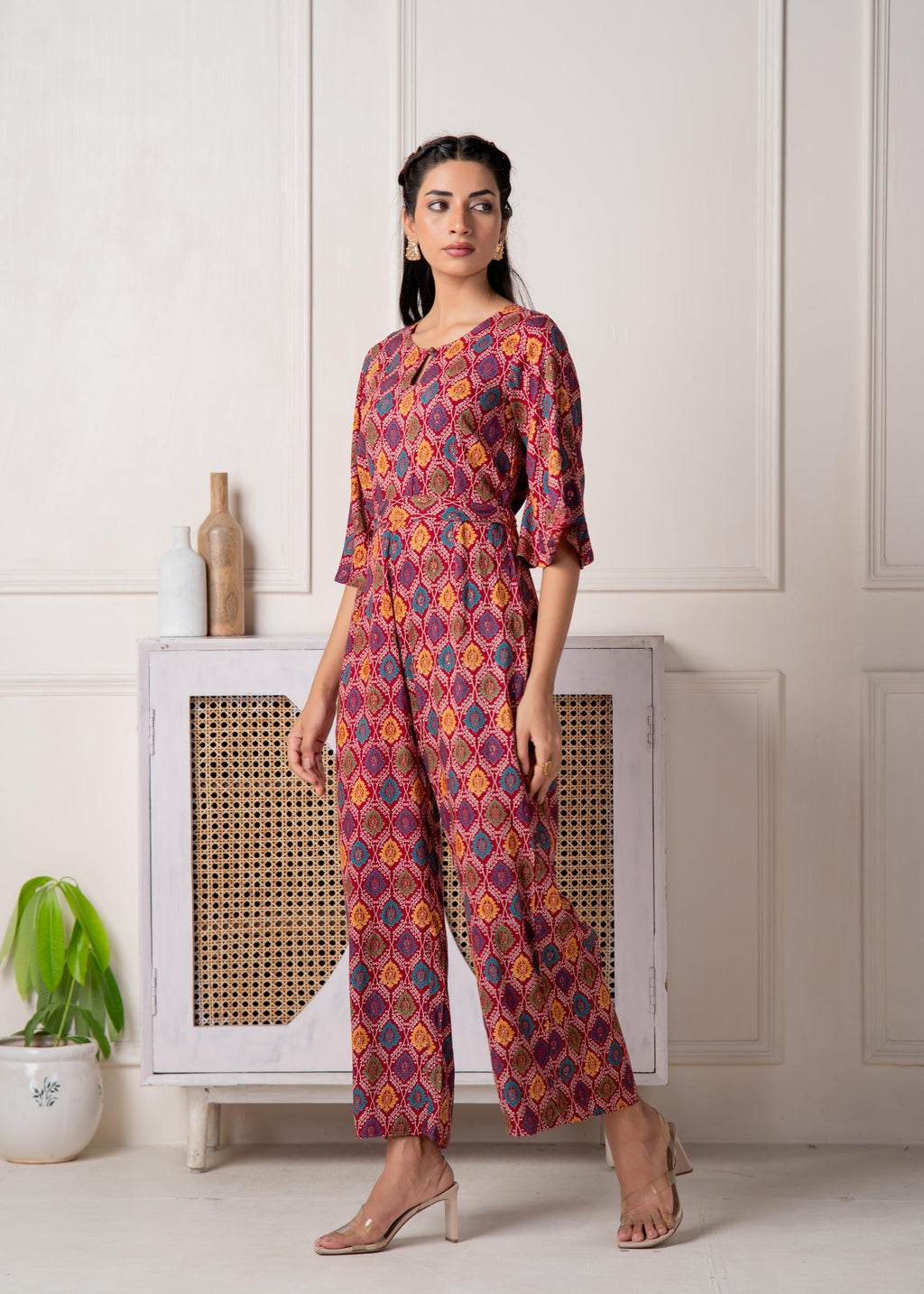 Juniper Red Floral Printed Viscose Jumpsuit With Belt - Distacart
