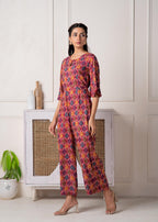 Juniper Red Floral Printed Viscose Jumpsuit With Belt - Distacart