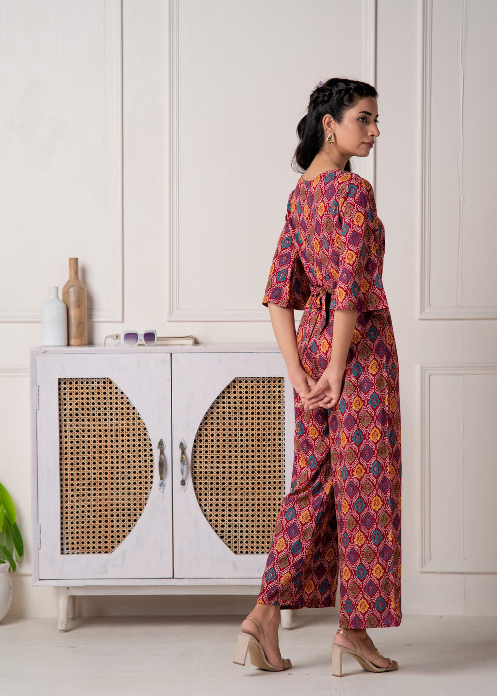 Juniper Red Floral Printed Viscose Jumpsuit With Belt - Distacart