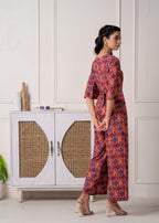 Juniper Red Floral Printed Viscose Jumpsuit With Belt - Distacart