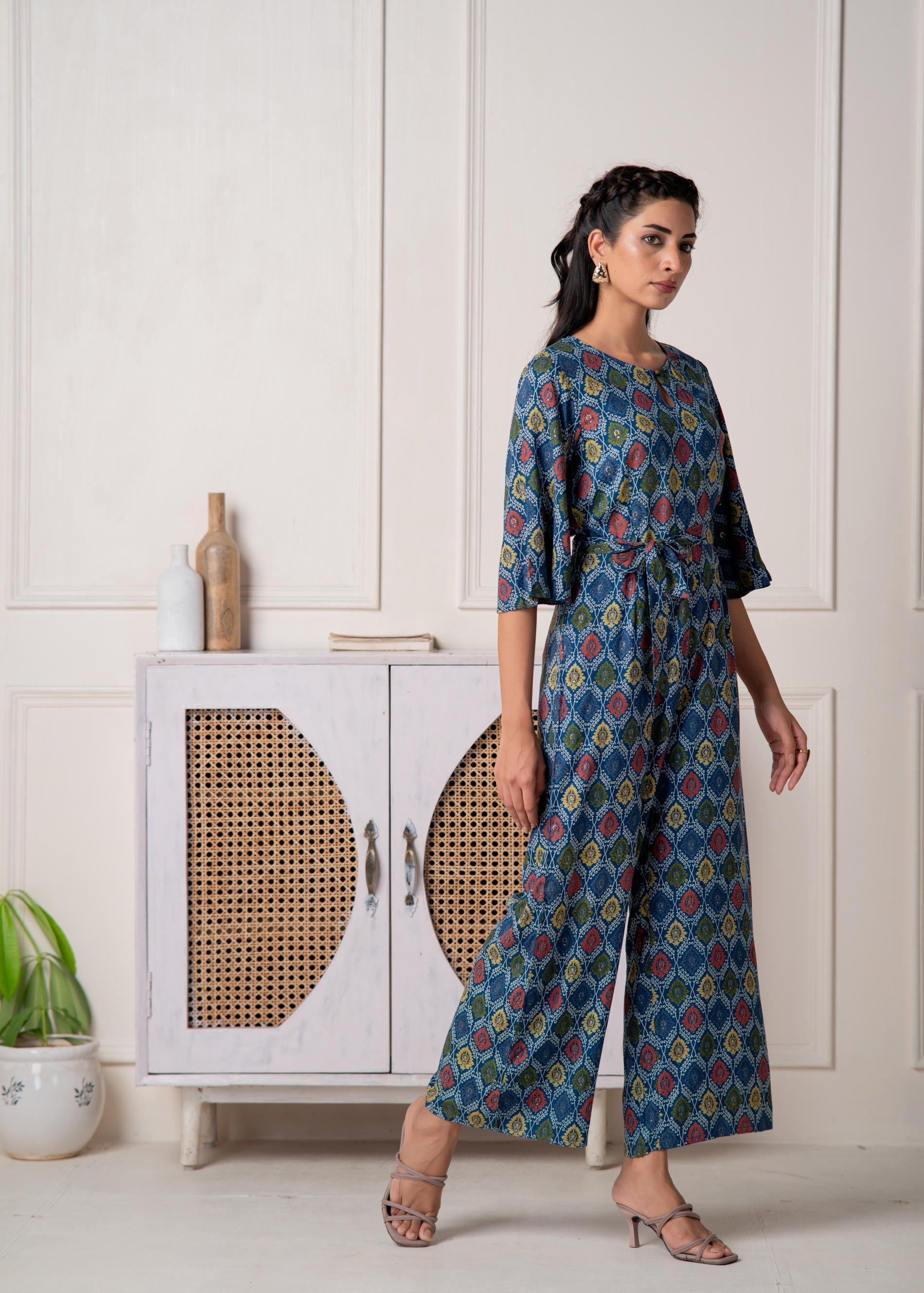Juniper Teal Floral Printed Viscose Jumpsuit With Belt - Distacart