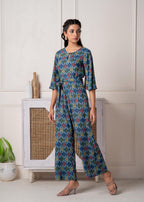 Juniper Teal Floral Printed Viscose Jumpsuit With Belt - Distacart