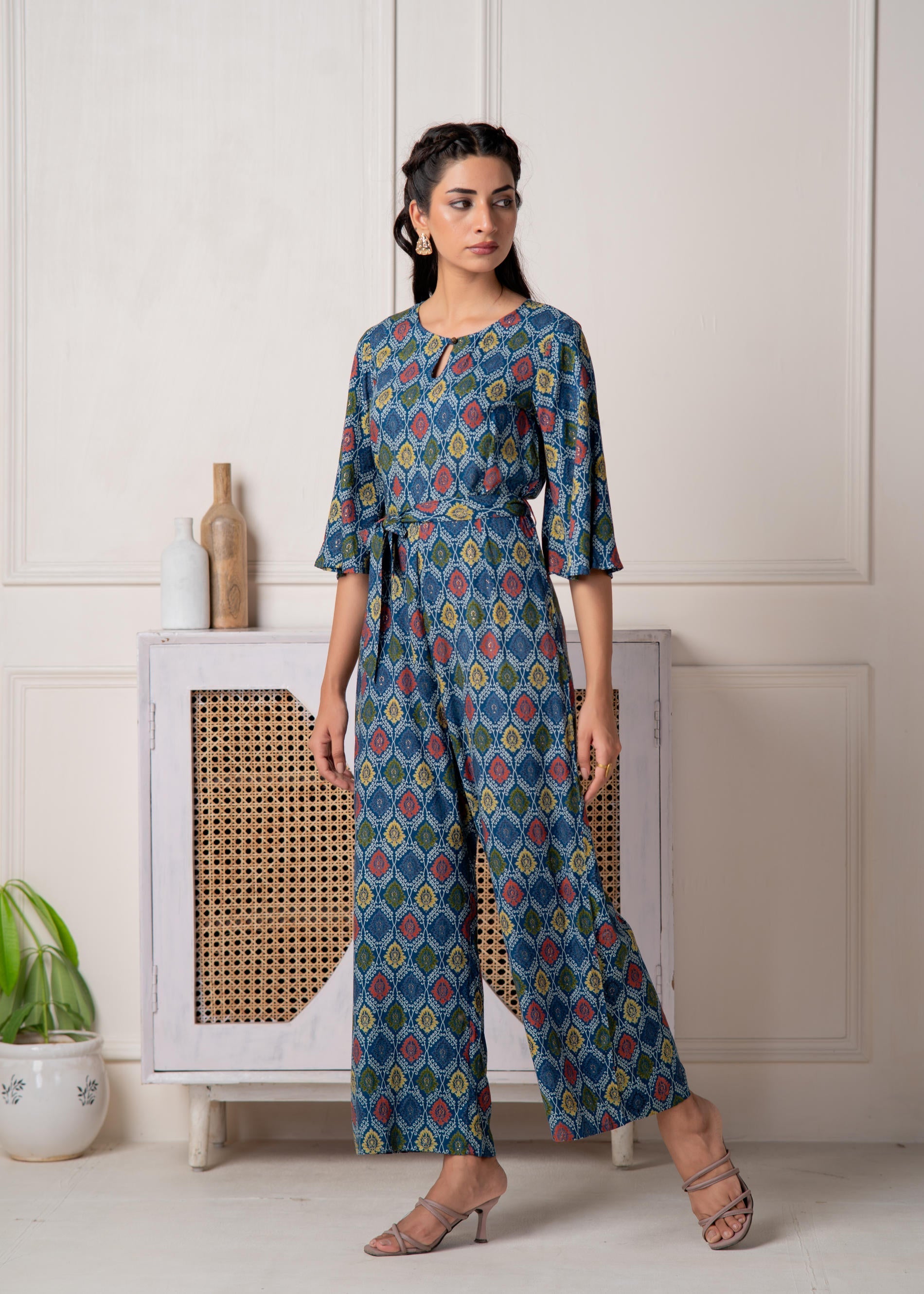 Juniper Teal Floral Printed Viscose Jumpsuit With Belt - Distacart