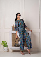 Juniper Teal Floral Printed Viscose Jumpsuit With Belt - Distacart