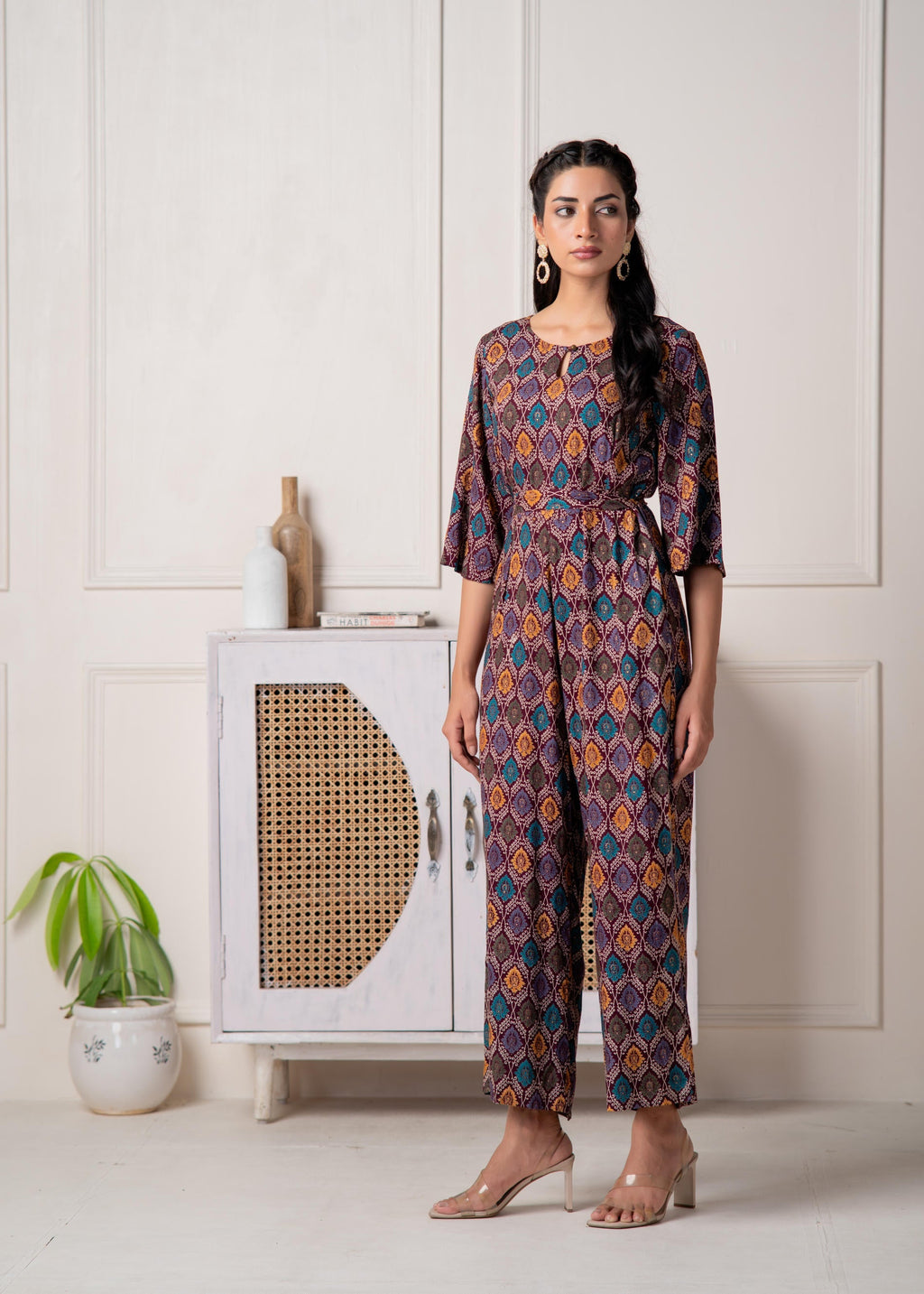 Juniper Wine Floral Printed Viscose Jumpsuit With Belt - Distacart