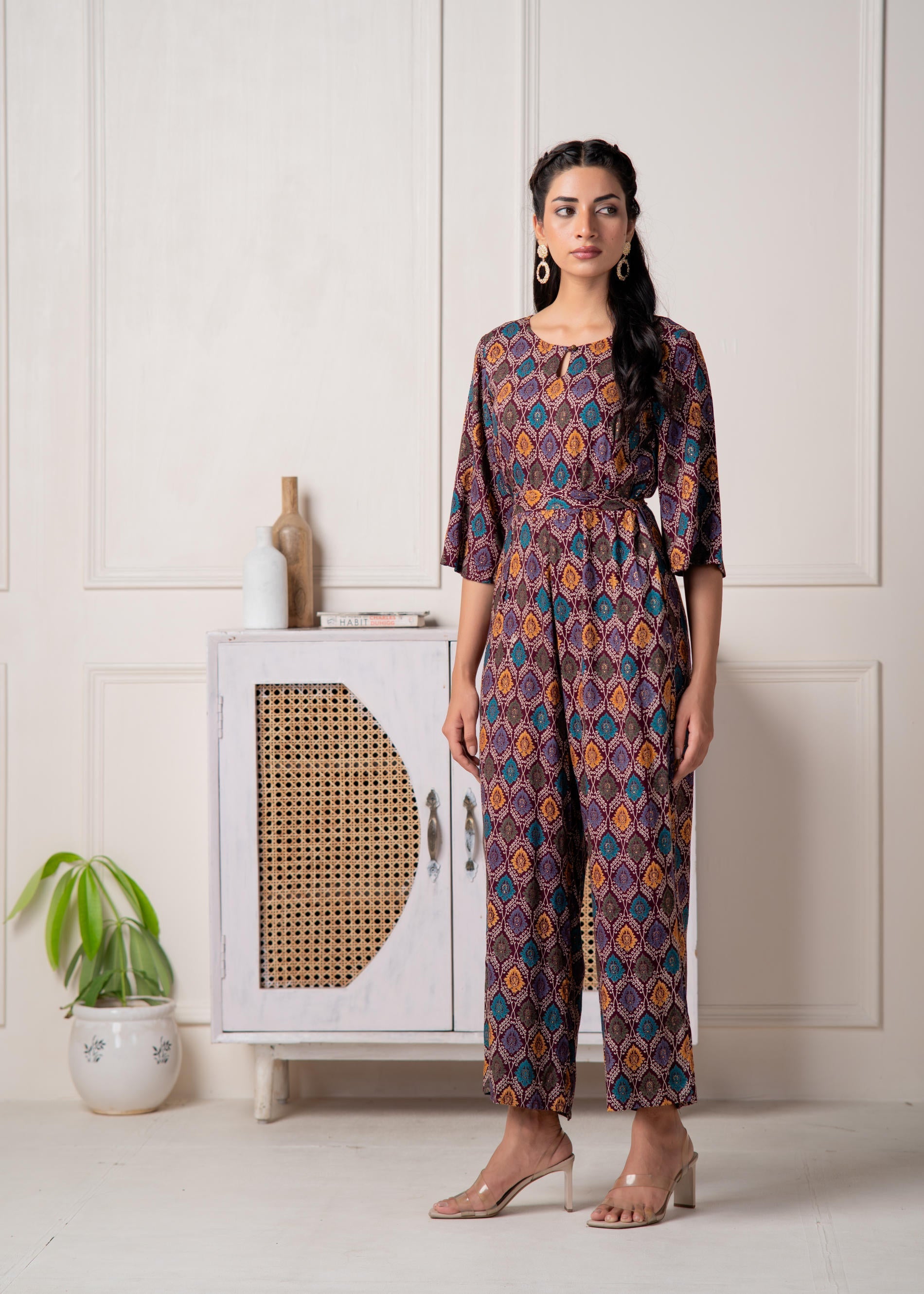Juniper Wine Floral Printed Viscose Jumpsuit With Belt - Distacart