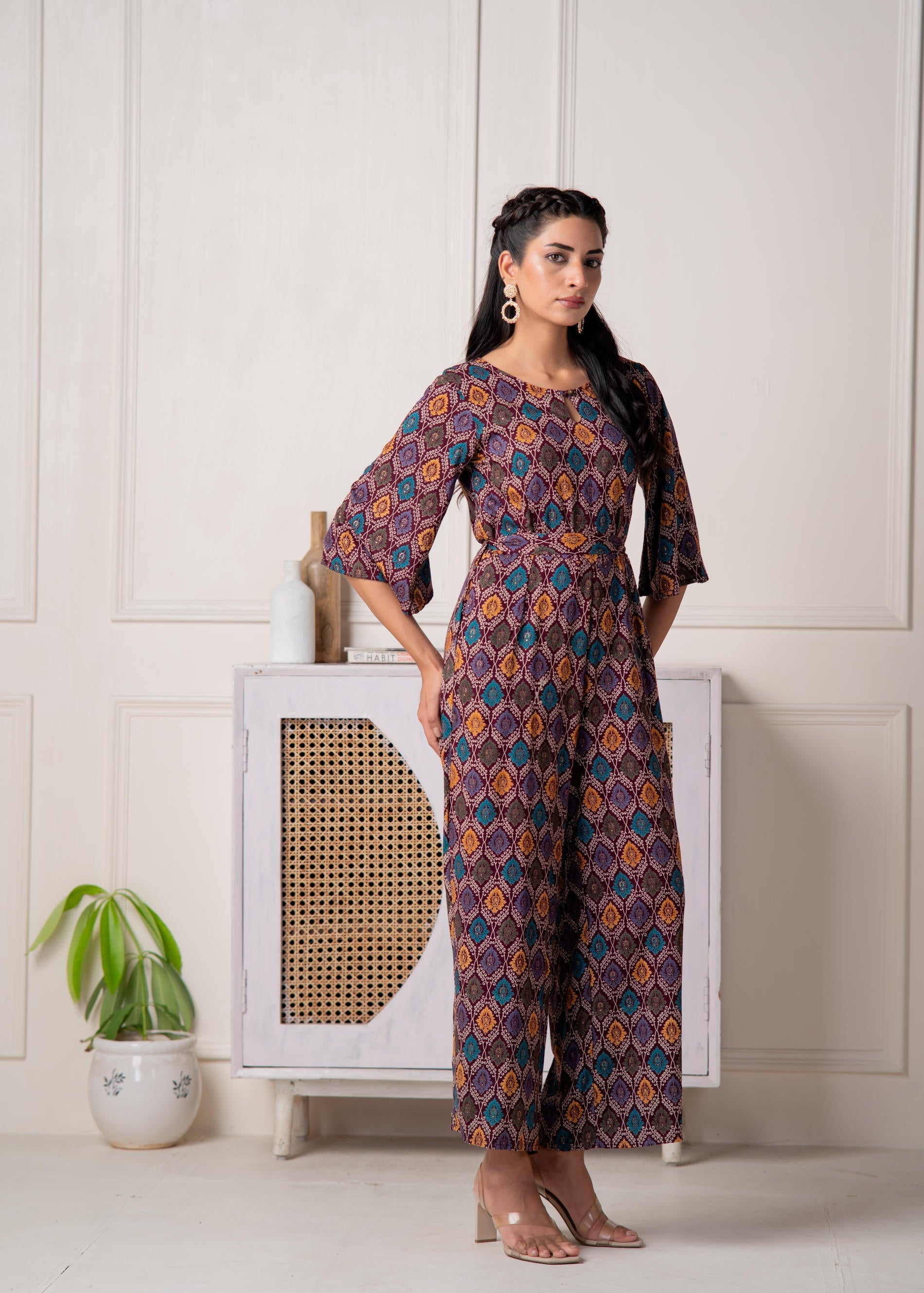 Juniper Wine Floral Printed Viscose Jumpsuit With Belt - Distacart