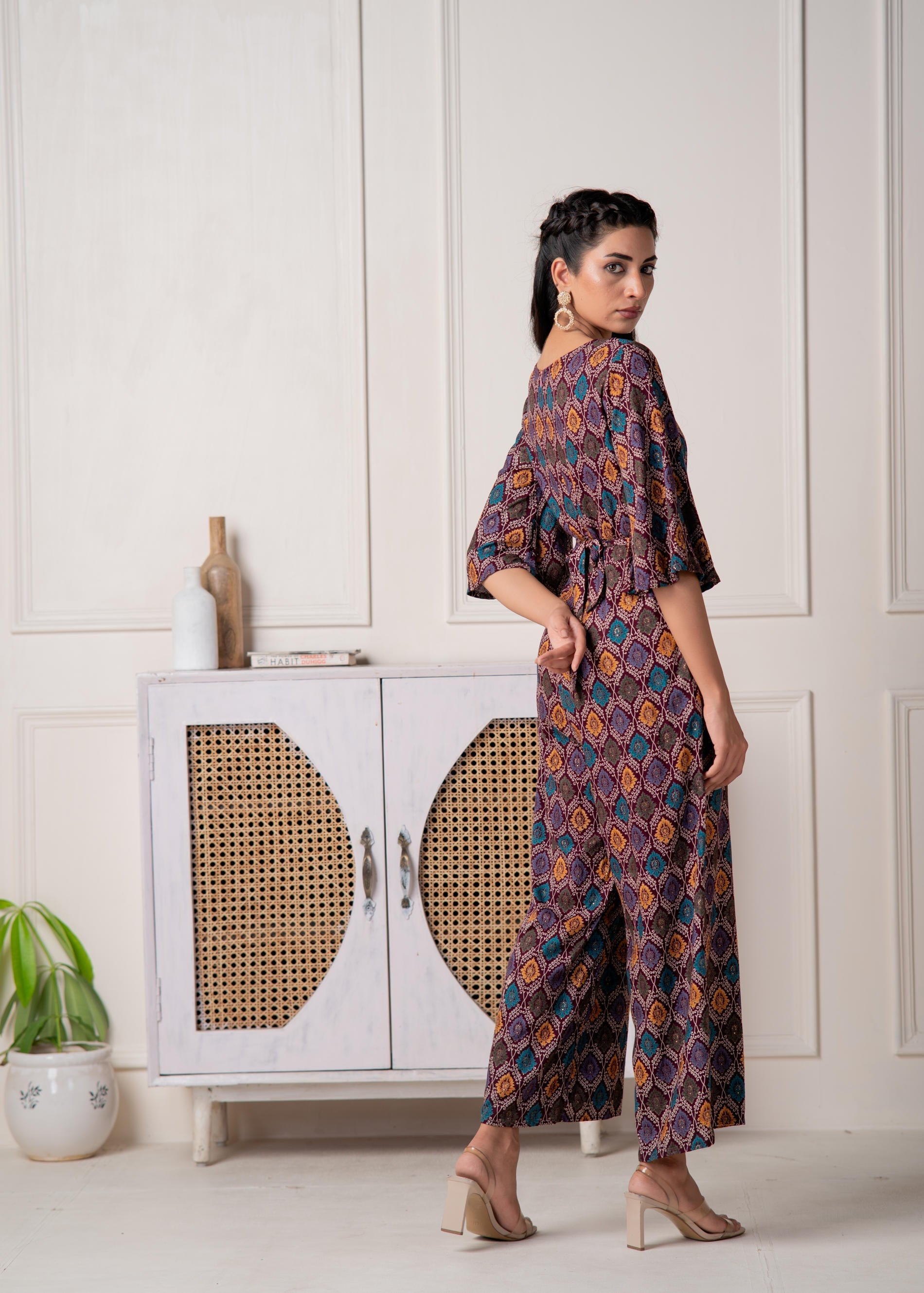 Juniper Wine Floral Printed Viscose Jumpsuit With Belt - Distacart