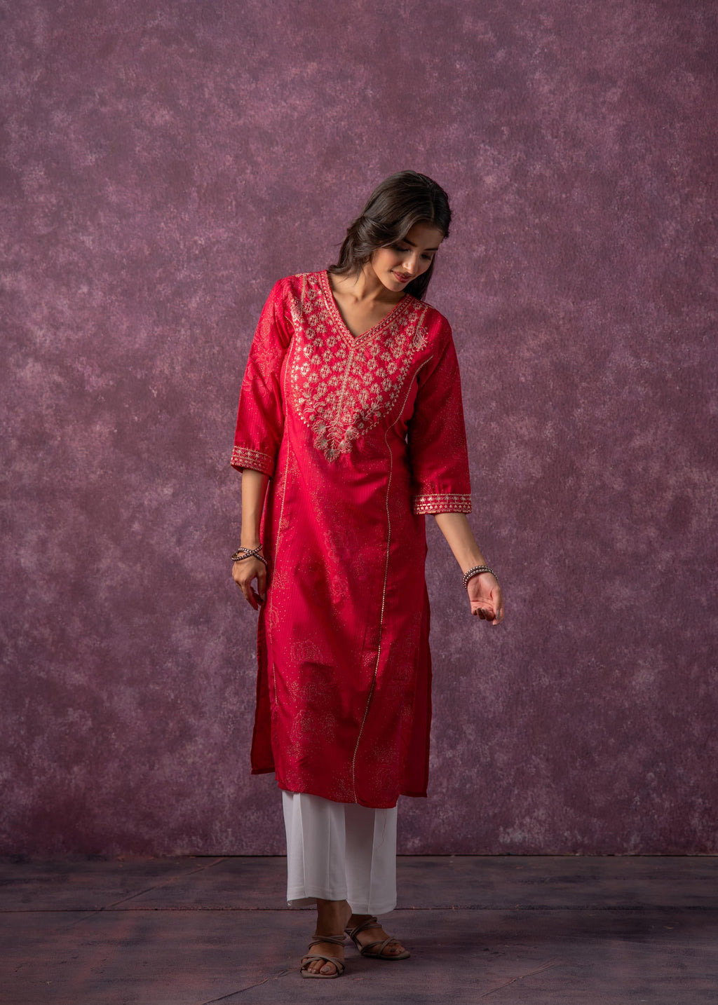Juniper Rust Red Embroidered Straight Kurta - Distacart