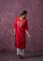 Juniper Rust Red Embroidered Straight Kurta - Distacart