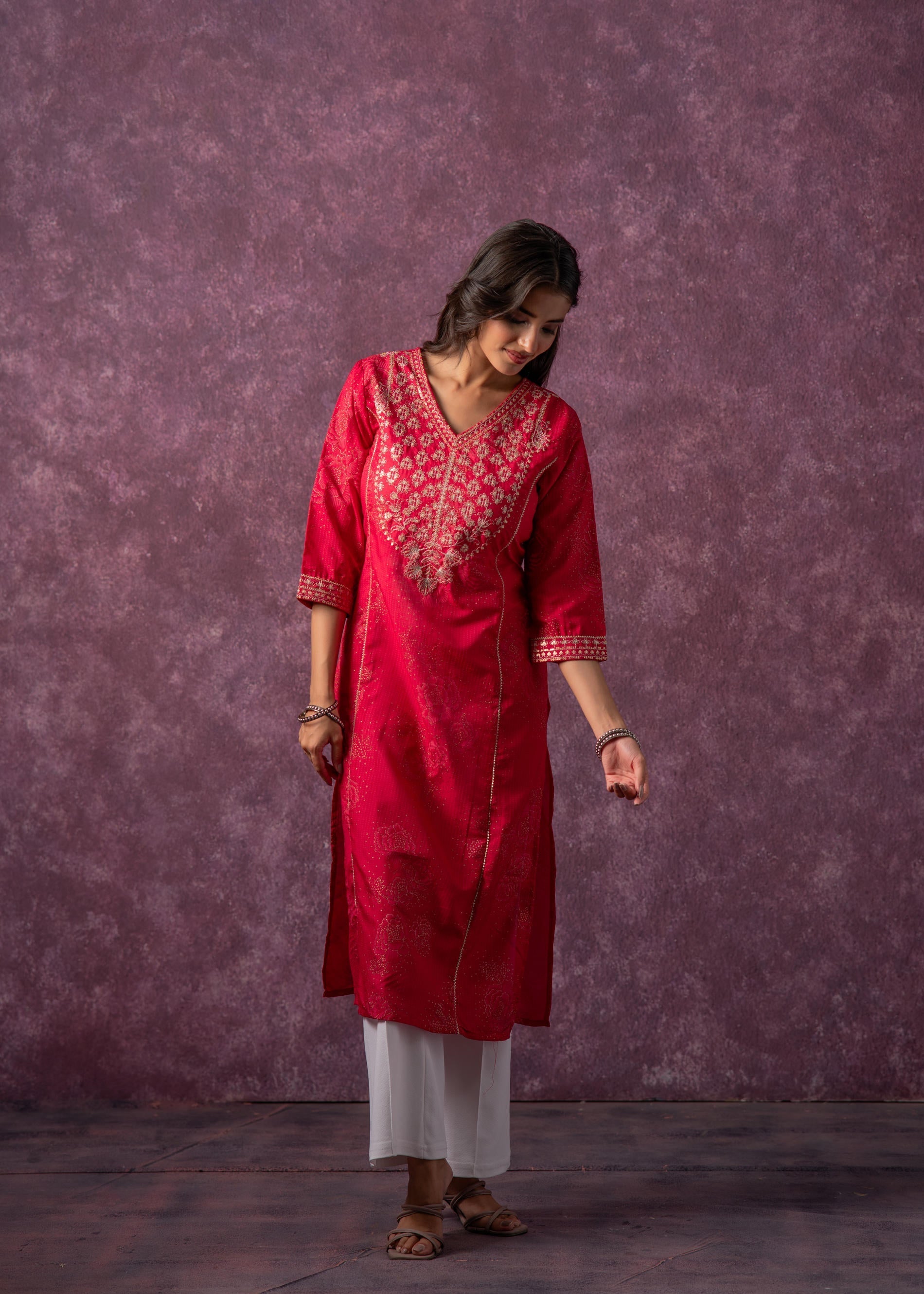 Juniper Rust Red Embroidered Straight Kurta - Distacart