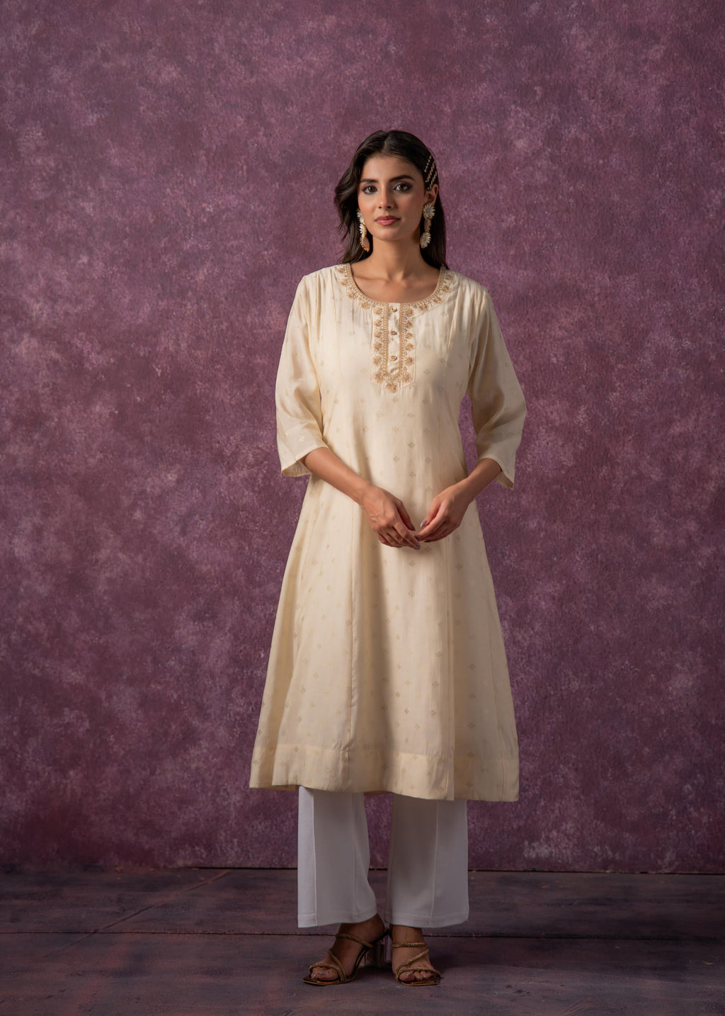 Juniper Ivory Glow Kurta Set With Subtle Zari Detailing - Distacart
