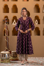 Juniper Purple Gold-Printed Anarkali Kurta - Distacart