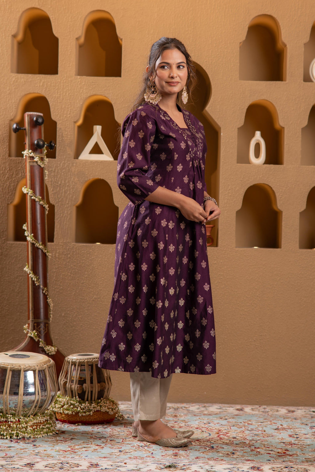 Juniper Purple Gold-Printed Anarkali Kurta - Distacart
