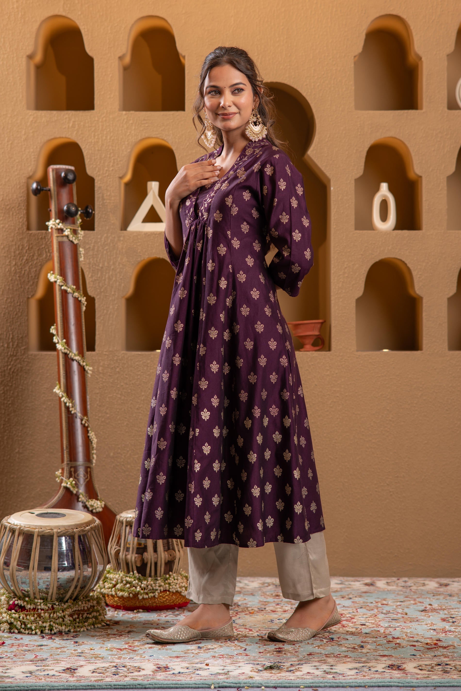 Juniper Purple Gold-Printed Anarkali Kurta - Distacart
