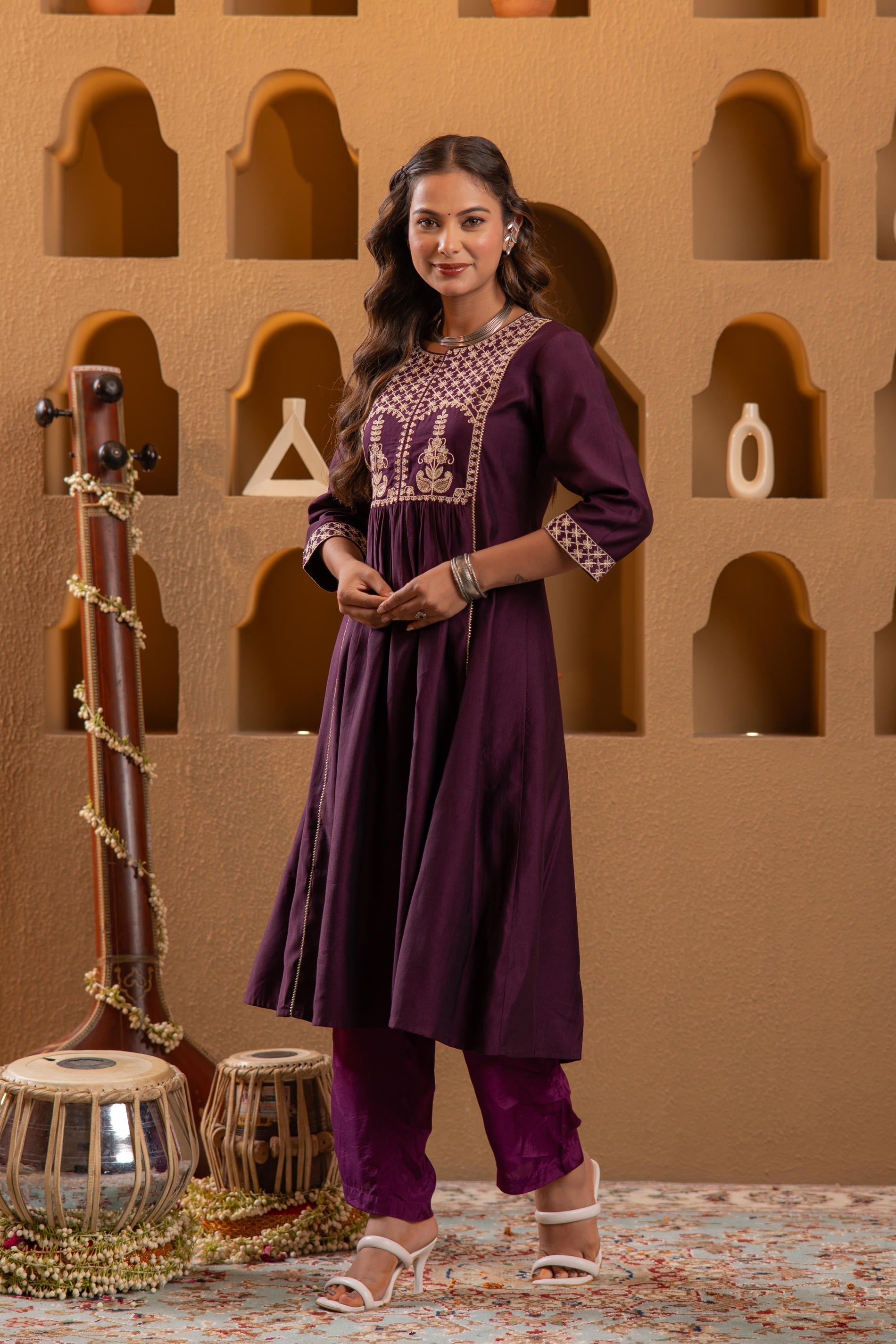 Juniper Wine Embroidered Yoke Kurta - Distacart