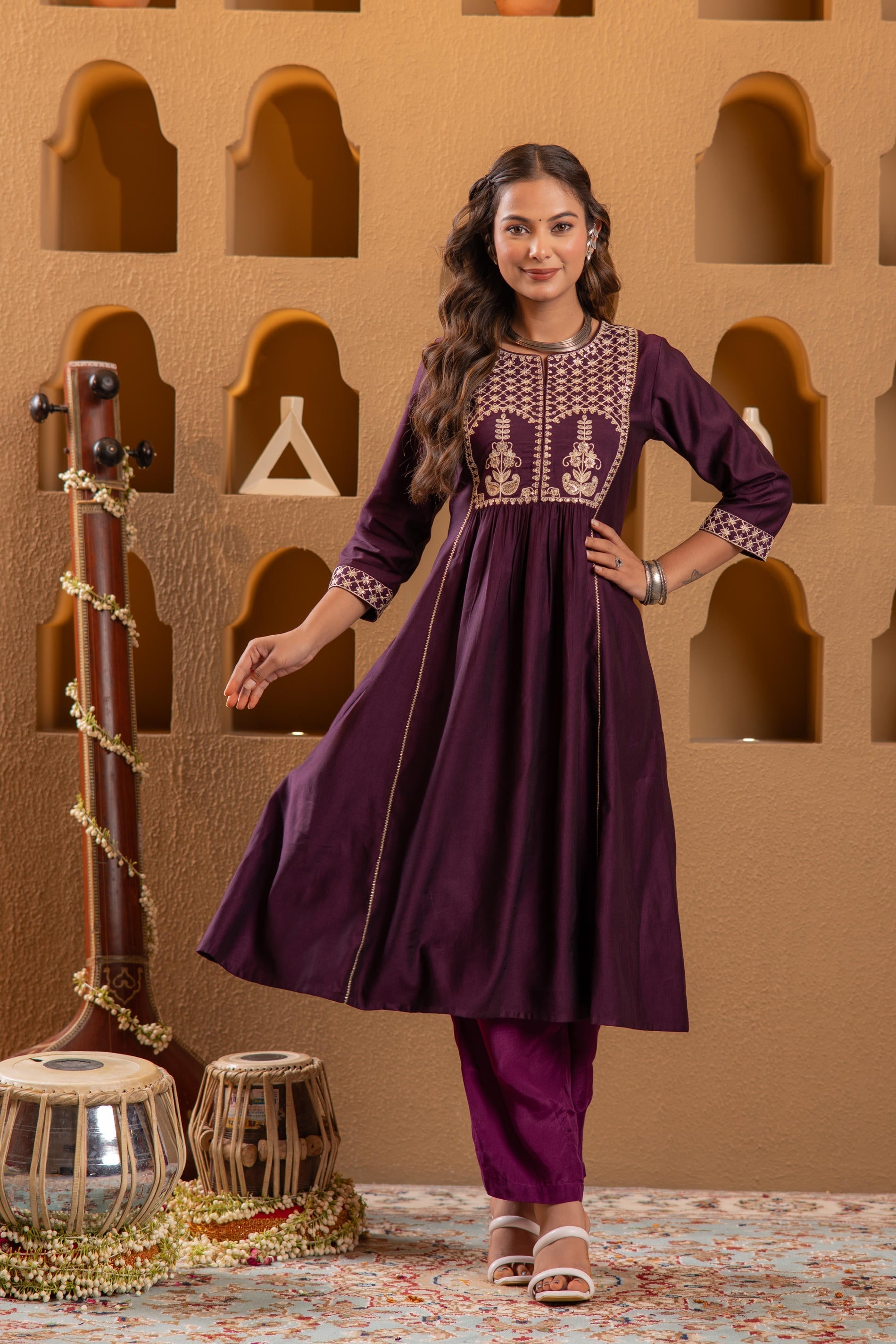 Juniper Wine Embroidered Yoke Kurta - Distacart