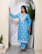 Miravan Womens Blue Embroidered Kurta With Palazzo - Distacart