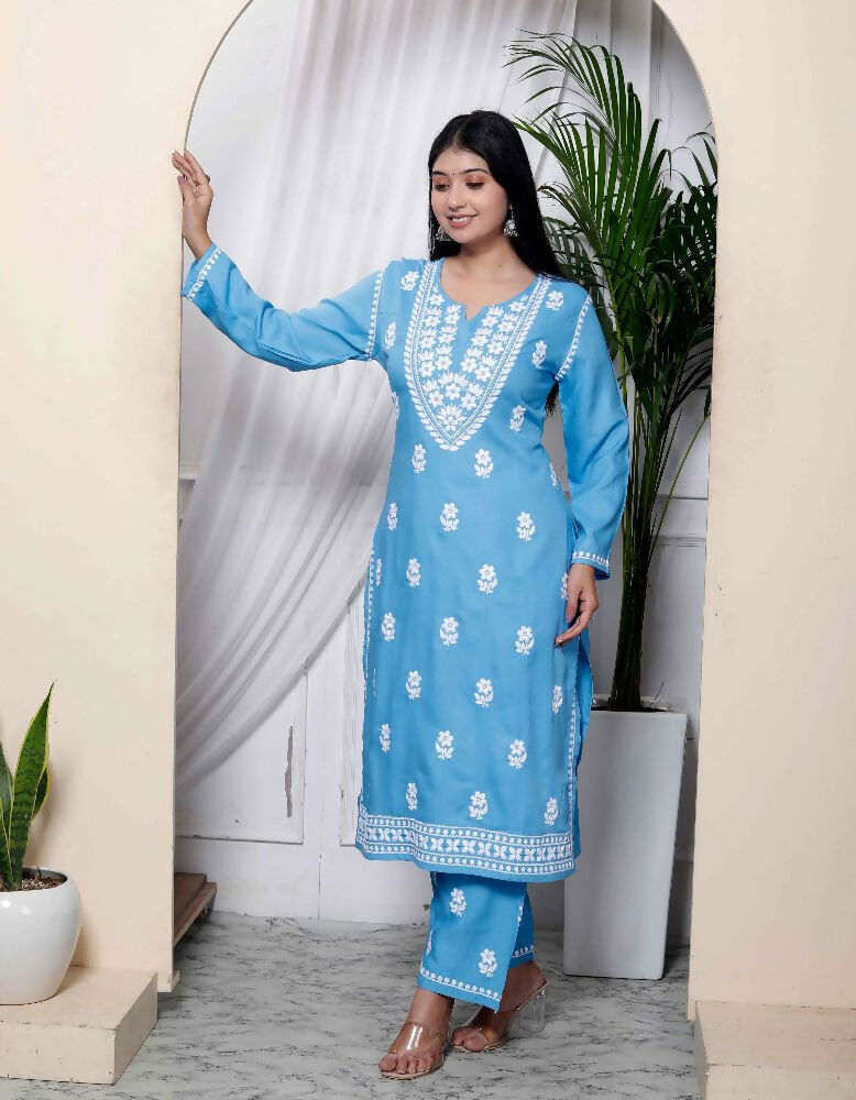 Miravan Womens Blue Embroidered Kurta With Palazzo - Distacart