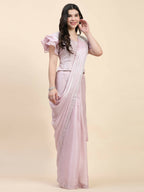 Light Pink Silk Satin Sequence Work Ready to Wear Saree with stitched Blouse - Nirvana