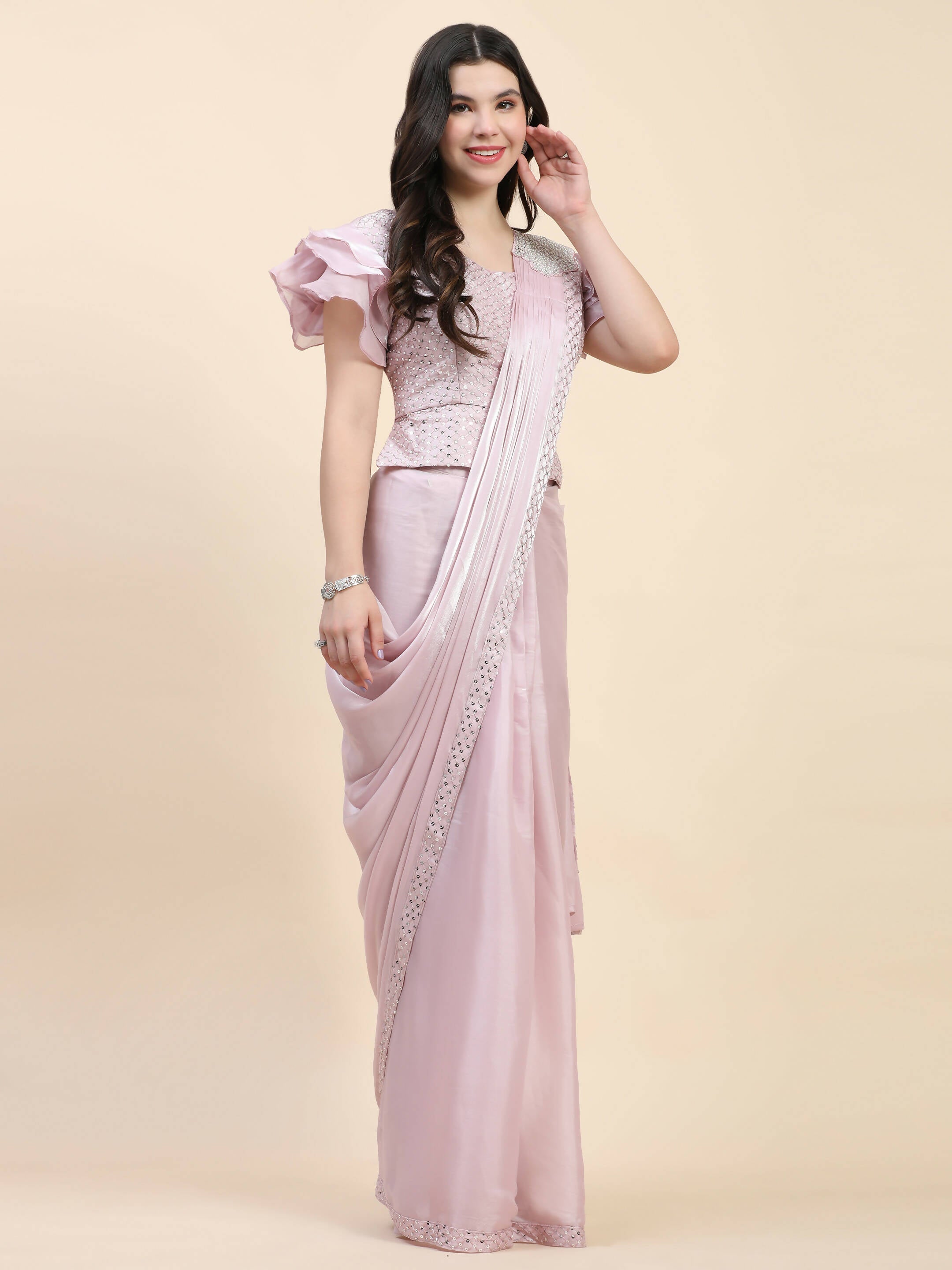 Light Pink Silk Satin Sequence Work Ready to Wear Saree with stitched Blouse - Nirvana