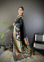 Joban Fashion Black Zari Woven Floral Motifs Soft Silk Paithani Silk Saree - Distacart