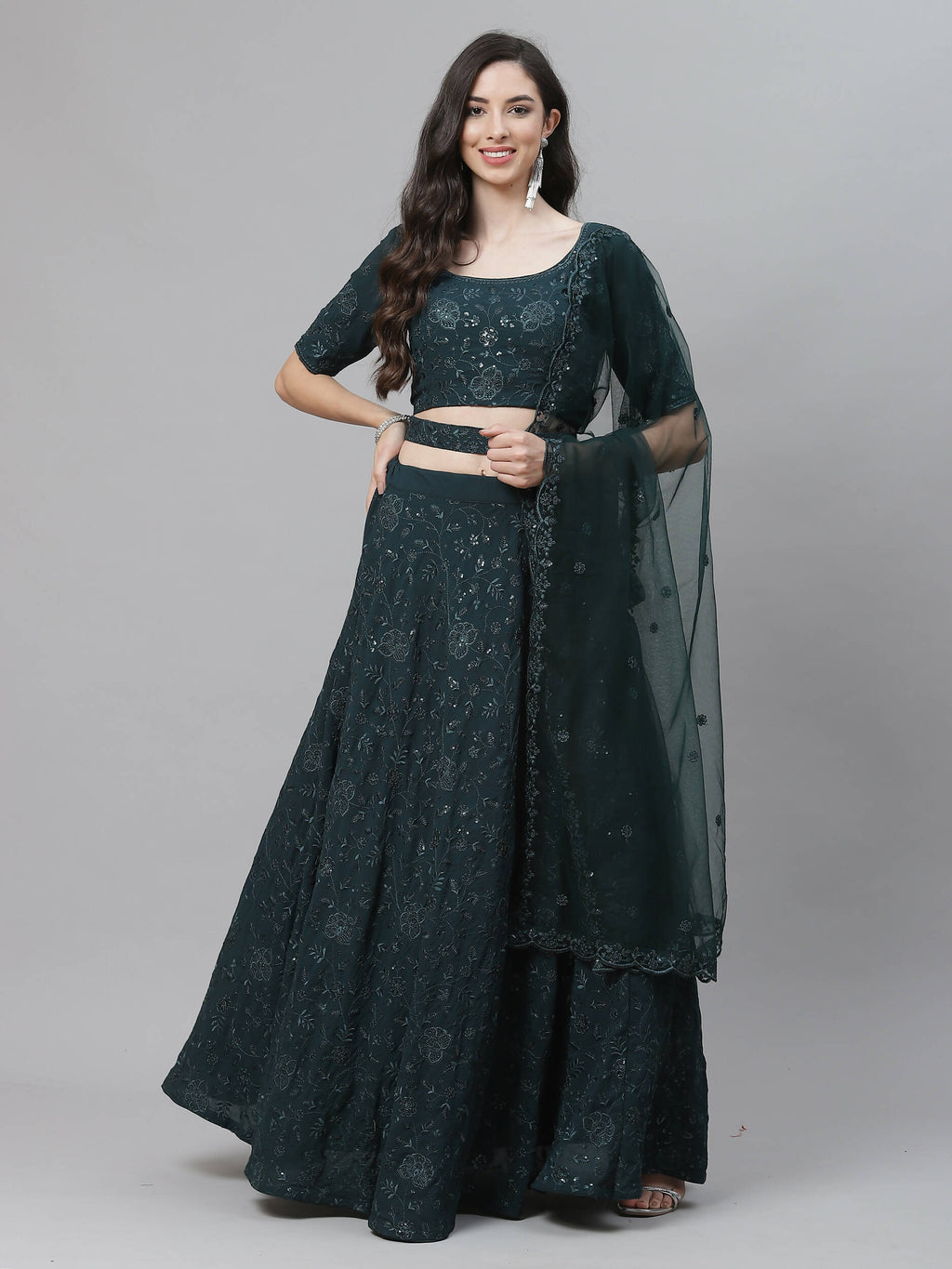 Green Georgette Thread with Sequins Embroidery Work Lehenga Choli with Dupatta - Jivika