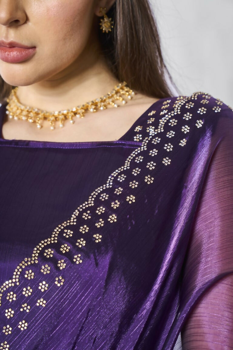 Purple Burburry silk Swarovski Designer Work Saree - Shezlin