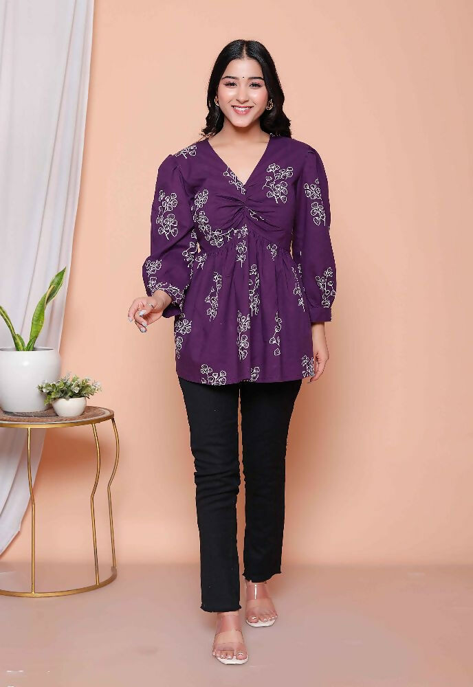 Miravan Womens Cotton Butterfly Style Floral Print V-Neck Top