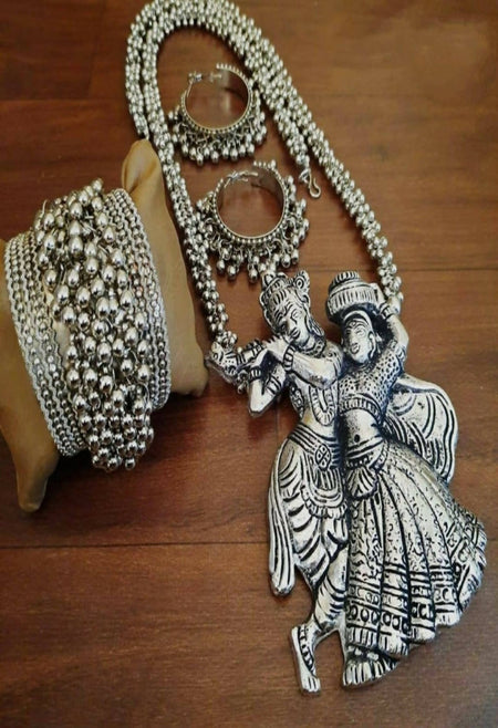 Mominos Fashion Johar Kamal Women Silver-Plated Brass Finish Radha Kishan Long Neckalce Combo Set