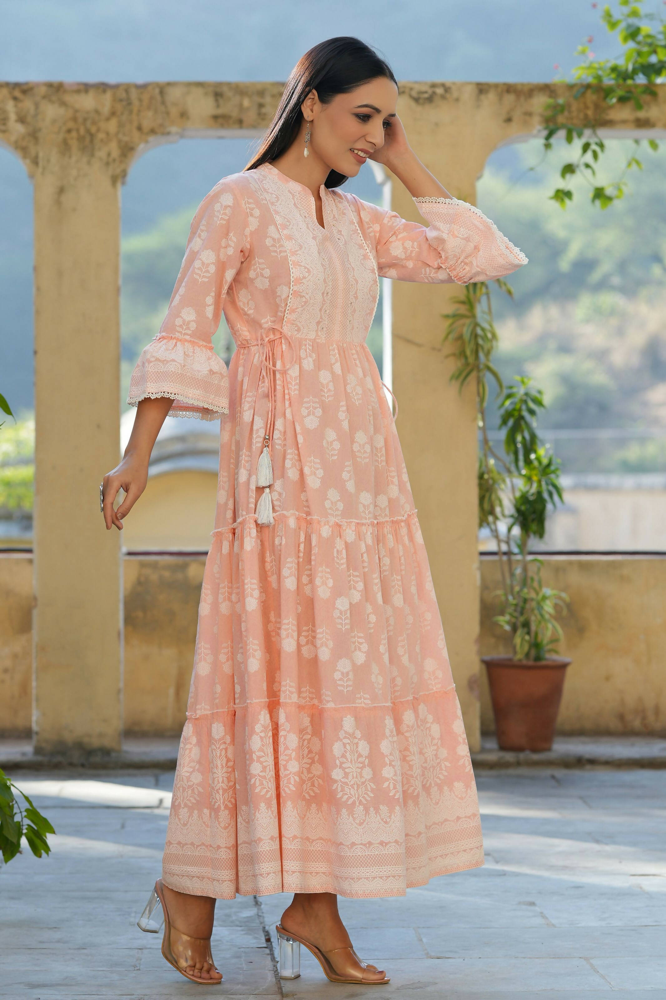 Juniper Women's Peach Cambric Floral Printed Maxi Tiered Dress - Distacart
