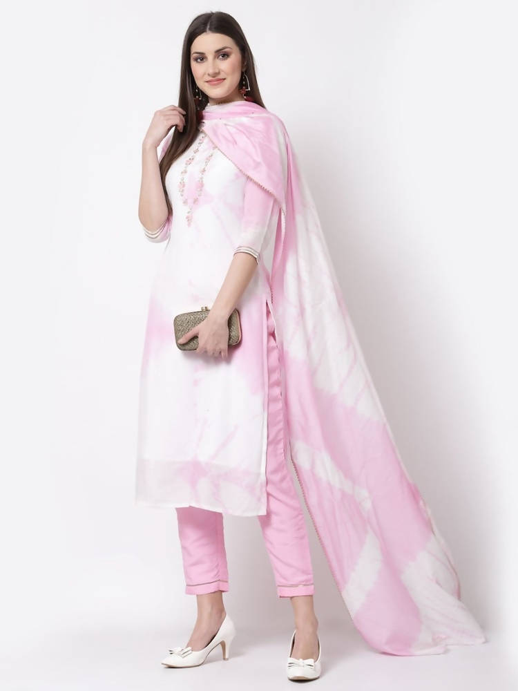 Myshka Pink Color Silk blend Embroidered Kurta With Pant Dupatta Set
