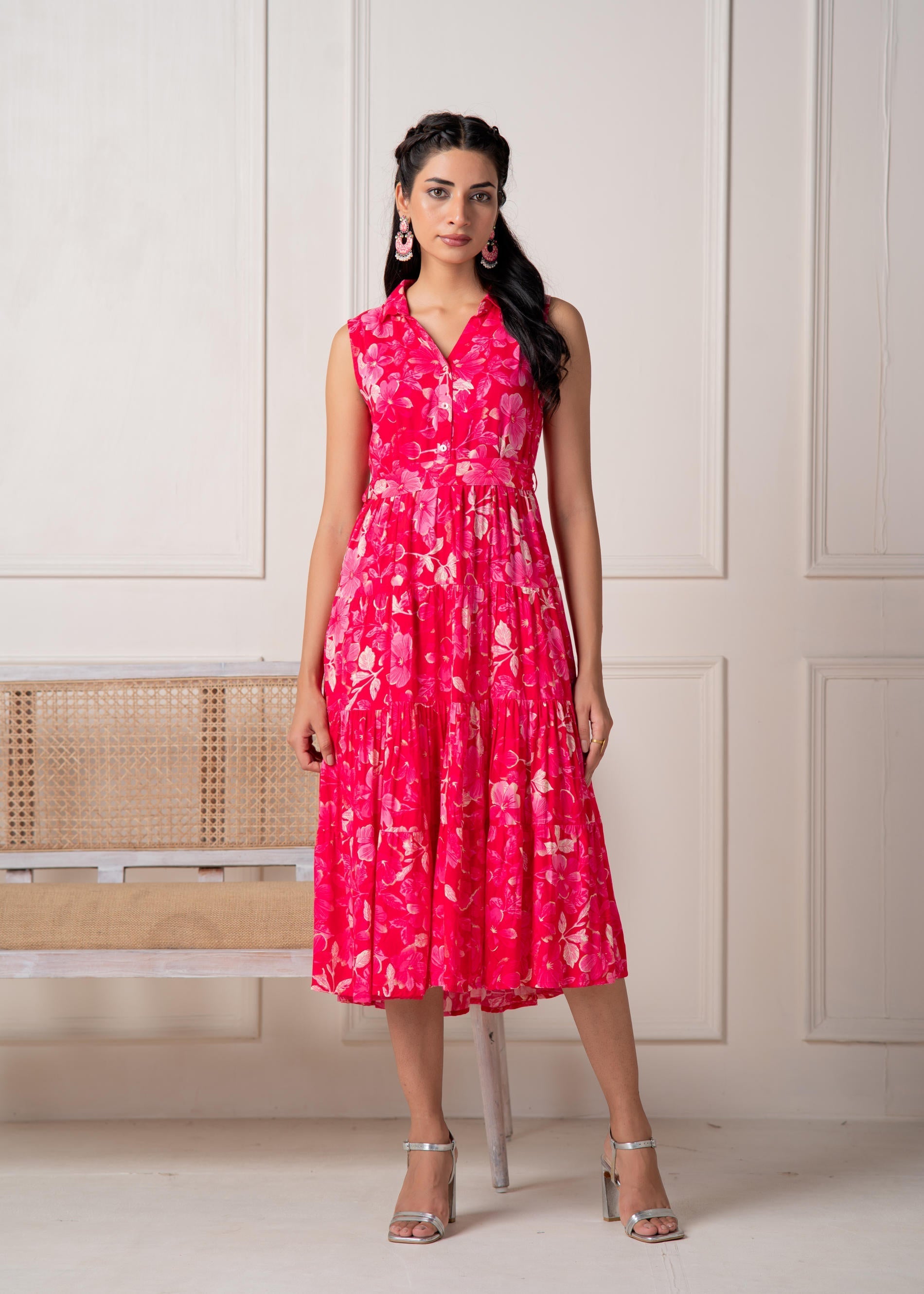 Juniper Coral Fuchsia Sleeveless Floral Tiered Dress - Distacart