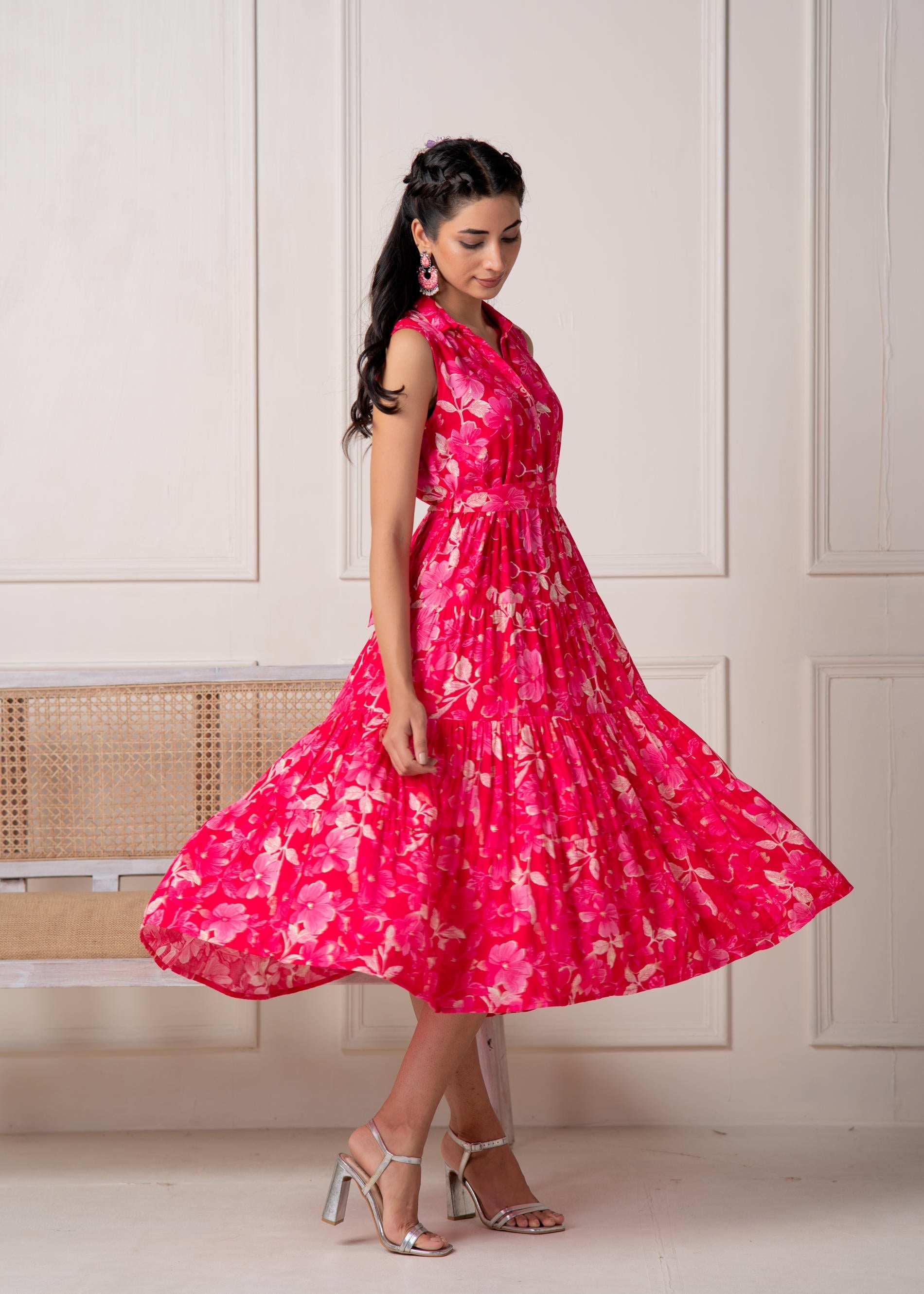 Juniper Coral Fuchsia Sleeveless Floral Tiered Dress - Distacart