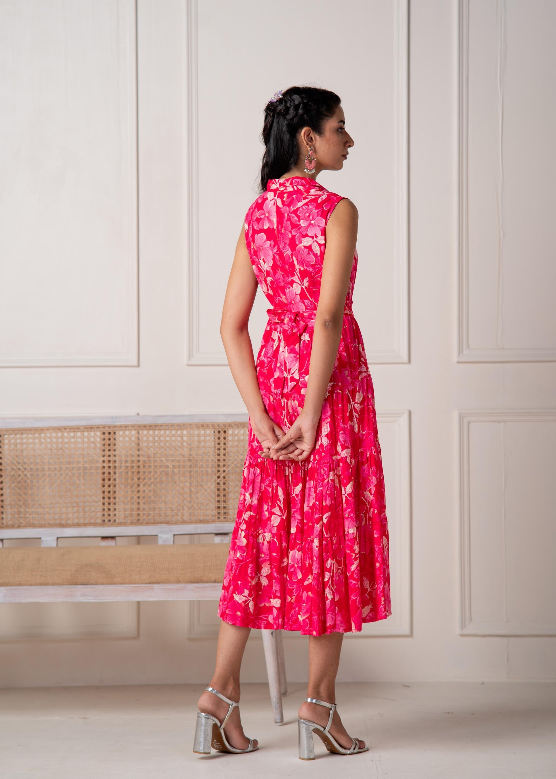 Juniper Coral Fuchsia Sleeveless Floral Tiered Dress - Distacart