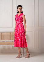 Juniper Coral Fuchsia Sleeveless Floral Tiered Dress - Distacart