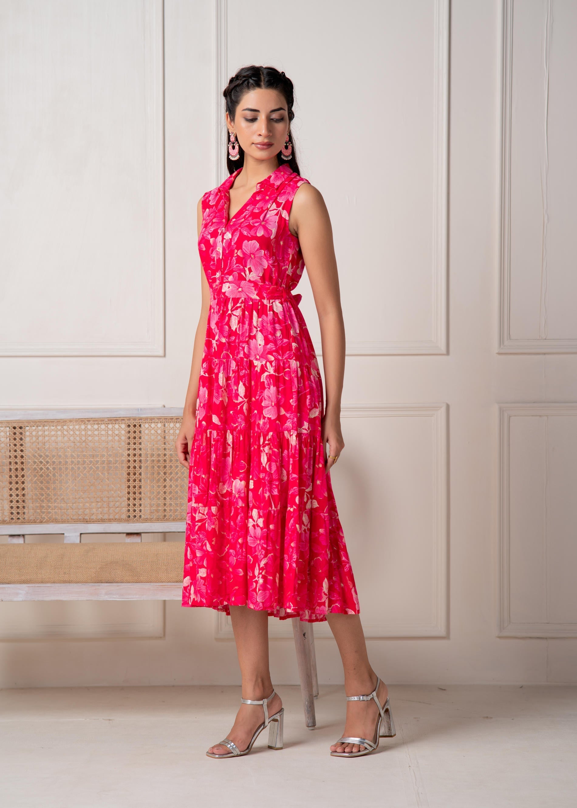 Juniper Coral Fuchsia Sleeveless Floral Tiered Dress - Distacart