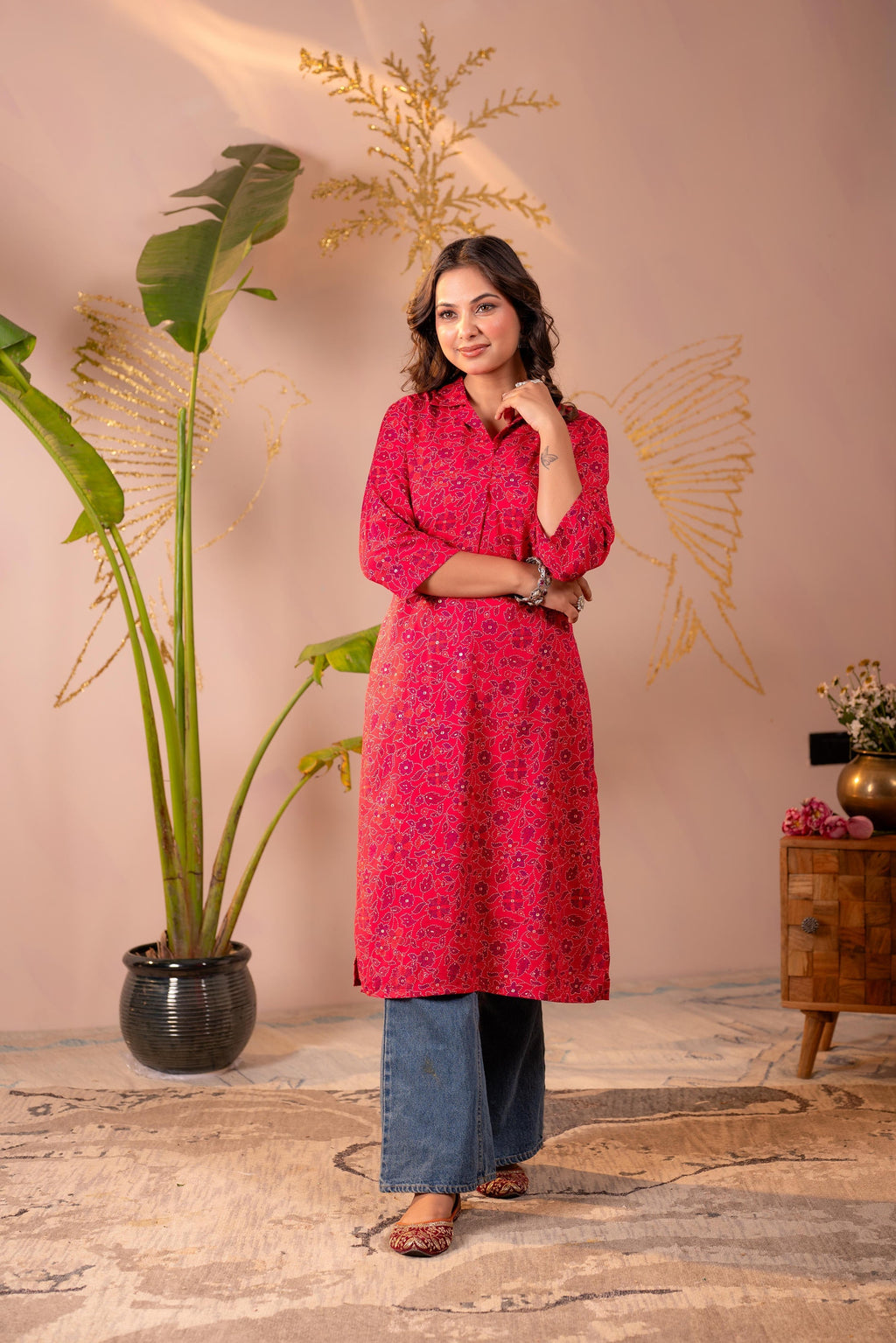 Juniper Fuchsia Floral Printed Straight Kurta - Distacart