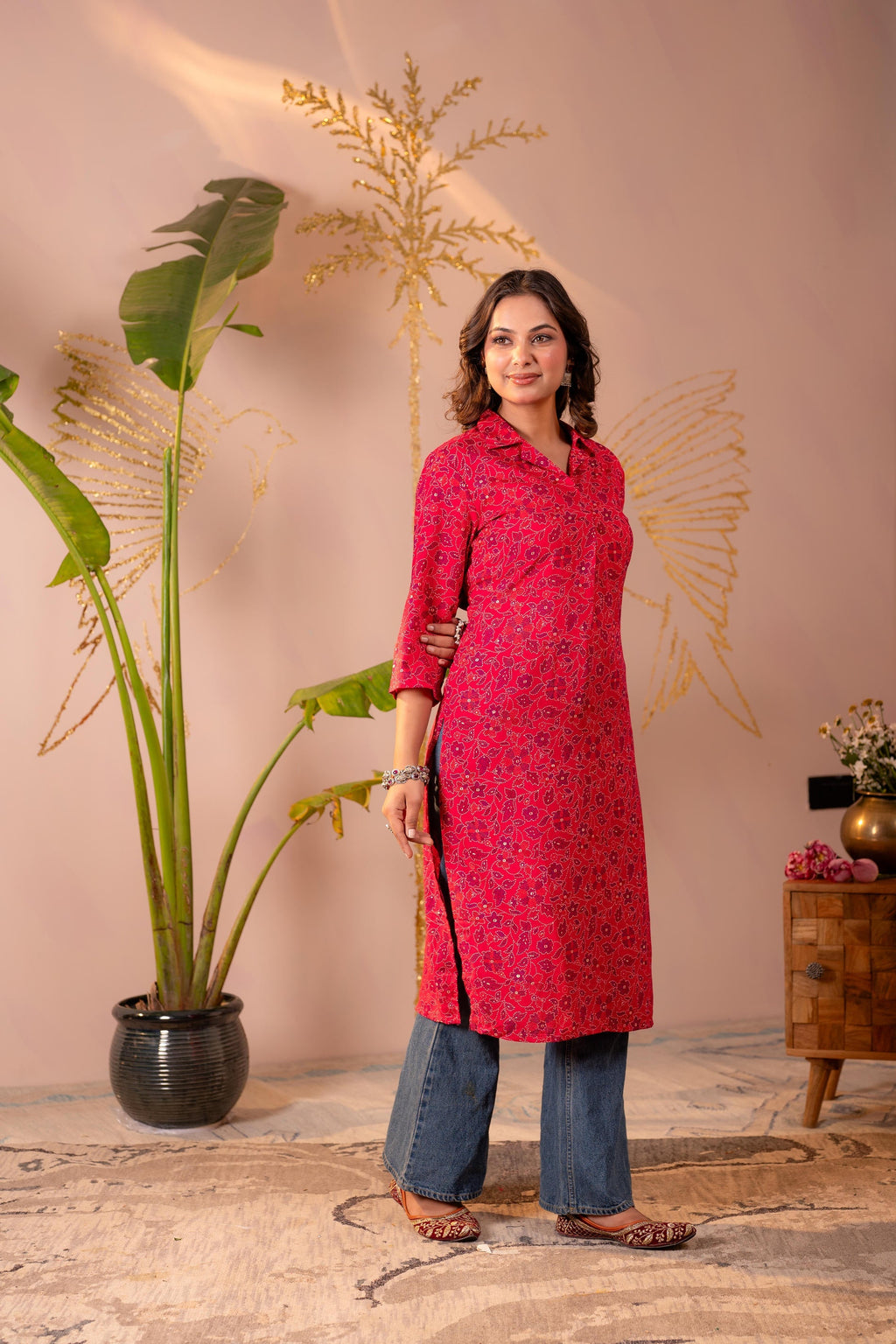 Juniper Fuchsia Floral Printed Straight Kurta - Distacart