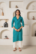 Juniper Teal Printed Collar-Neck Straight Kurta With Minimal Detailing - Distacart