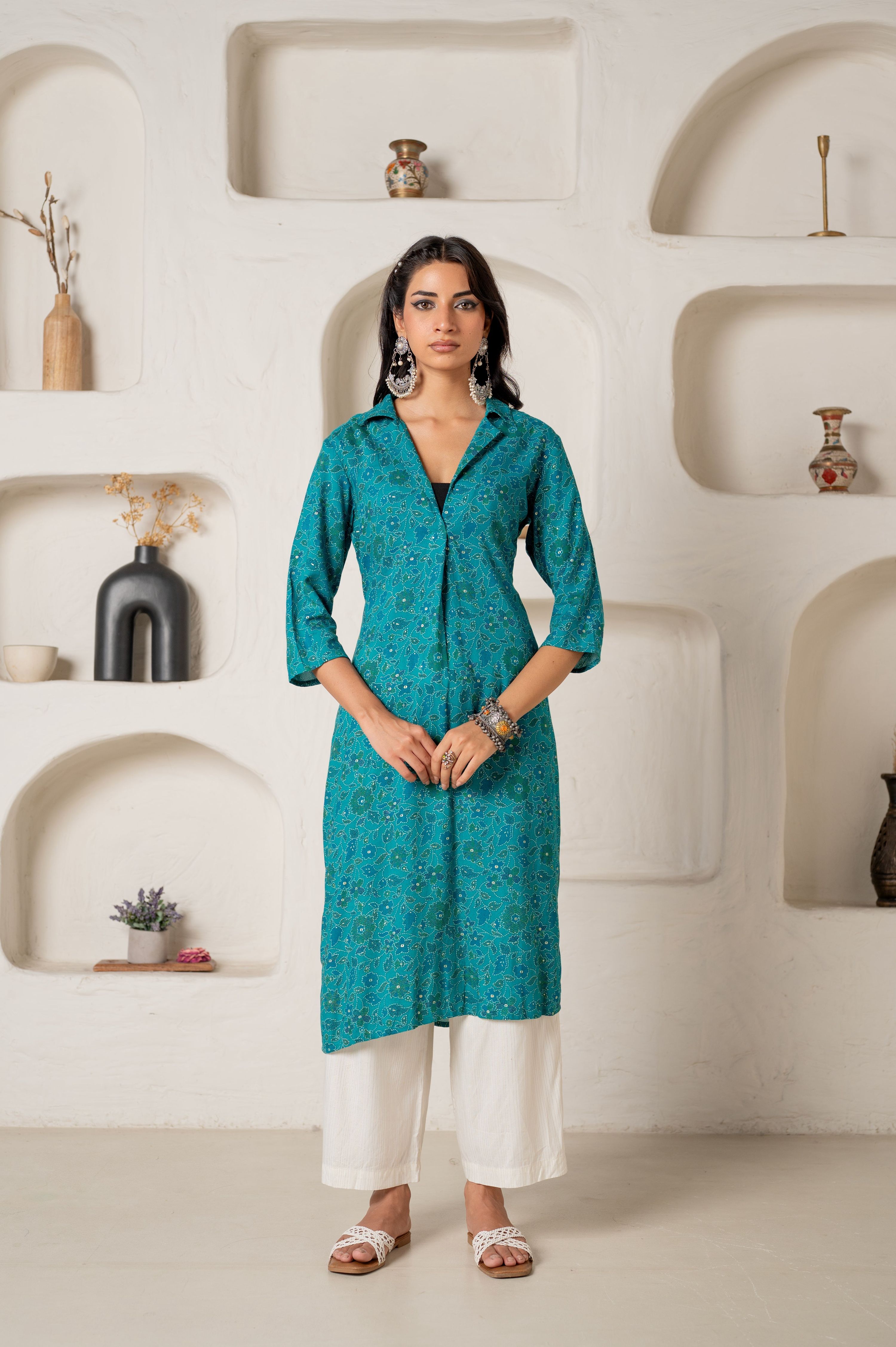Juniper Teal Printed Collar-Neck Straight Kurta With Minimal Detailing - Distacart
