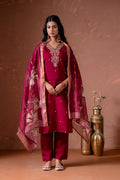 Juniper Cherry Embroidered Suit Set With Printed Floral Dupatta - Distacart