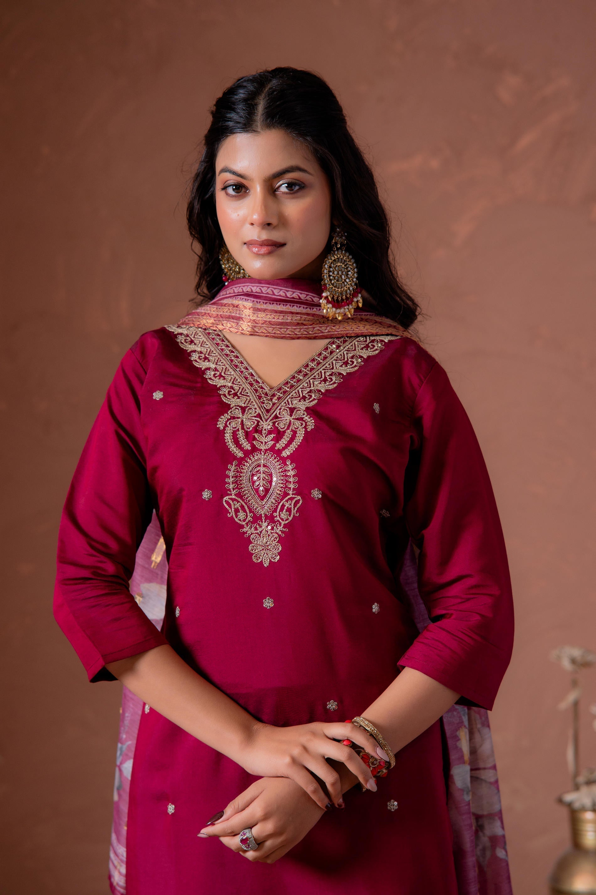 Juniper Cherry Embroidered Suit Set With Printed Floral Dupatta - Distacart